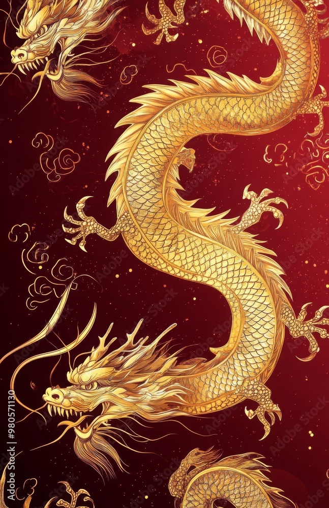 Obraz premium A luxurious background with golden Chinese dragon motifs swirling against a deep red backdrop, symbolizing wealth and prosperity