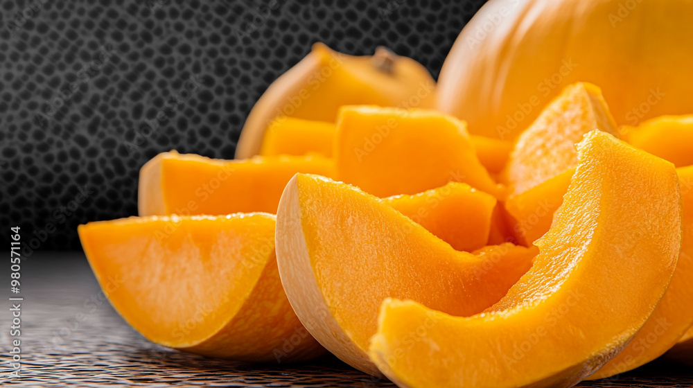 Ripe mango slices on a textured black surface with a whole mango in the background Ripe mango slices on a textured black surface with a whole mango in the background