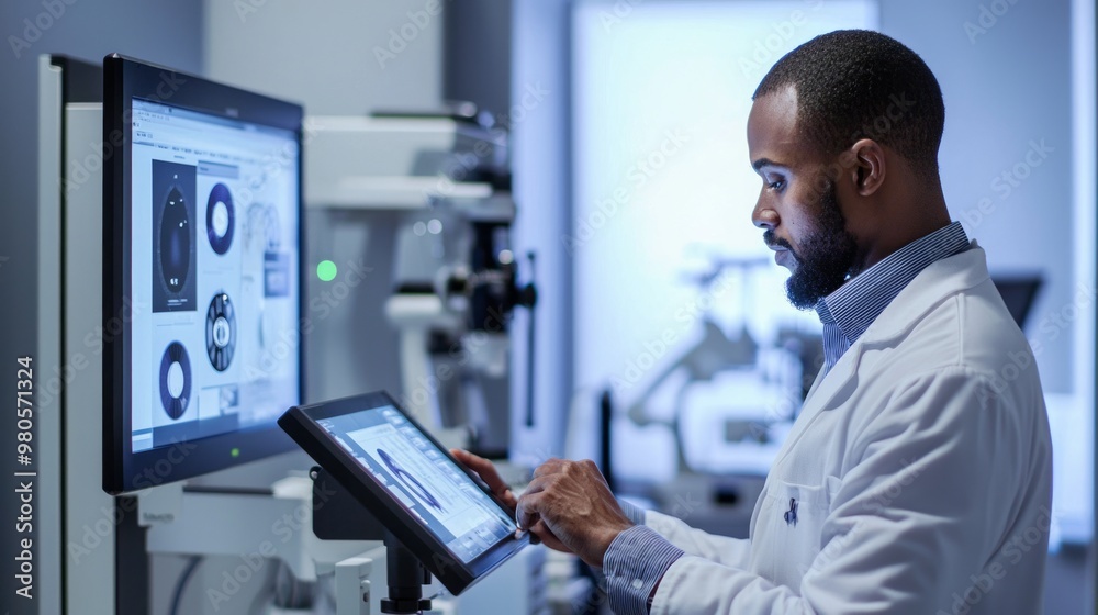 Fototapeta premium Exploring Eye Strain: Patient Using Assessment Tool in Contemporary Optometry Clinic