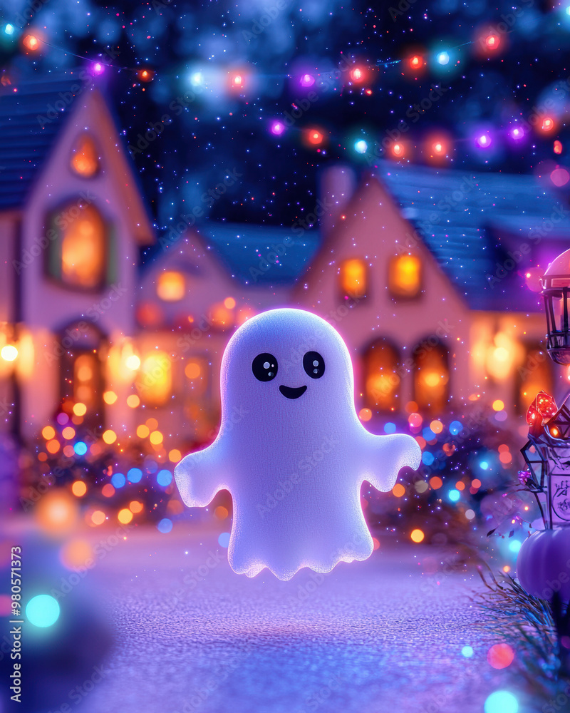 Fototapeta premium A cheerful ghost stands in a festive winter scene adorned with colorful lights, creating a whimsical holiday atmosphere.