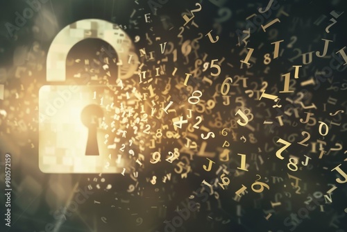Abstract cybersecurity design with flowing encrypted data and a secure digital padlock, symbolizing the importance of online data protection and privacy photo