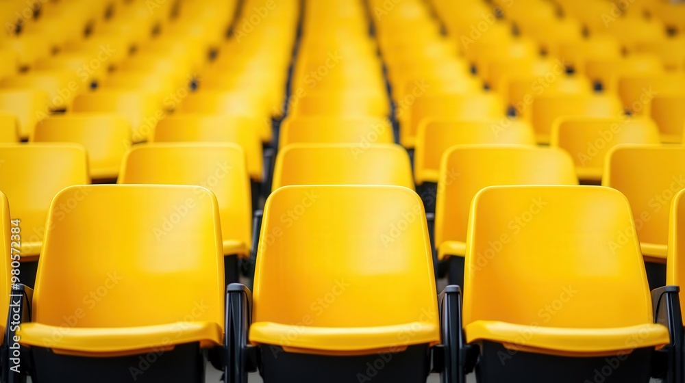 Obraz premium Vibrant Yellow Stadium Seating, rows of bright yellow seats arranged in a spacious outdoor arena, creating a lively atmosphere for sports and events under the open sky.