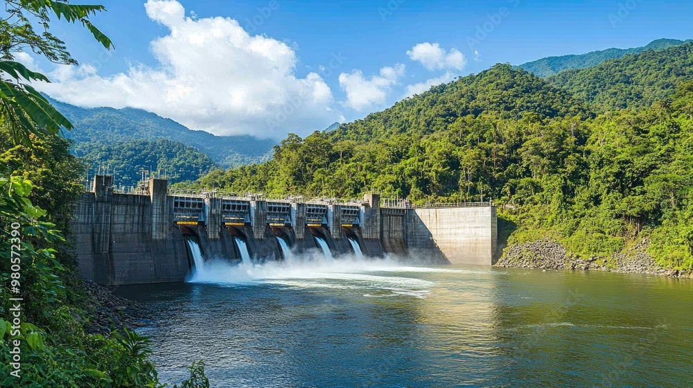 Hydroelectric Dam: Powerful Water Flowing Over Concrete Structure, Surrounded by Lush Greenery Hydroelectric Dam: Powerful Water Flowing Over Concrete Structure, Surrounded by Lush Greenery