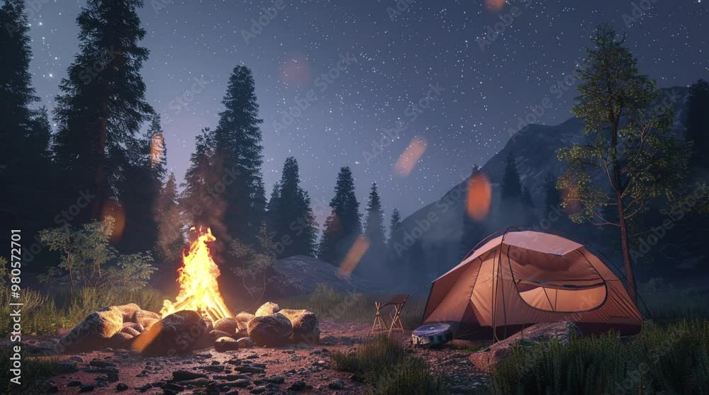 Tent and crackling bonfire in a valley surrounded by majestic mountains on a fantasy night, creating a cozy and adventurous atmosphe Seamless looping 4k time-lapse virtual video animation Generated AI Tent and crackling bonfire in a valley surrounded by majestic mountains on a fantasy night, creating a cozy and adventurous atmosphe Seamless looping 4k time-lapse virtual video animation Generated AI