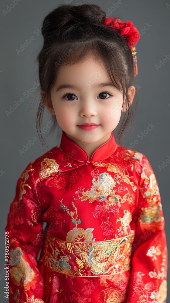 Cute little Asian girl on grey background. Chinese New Year celebration Cute little Asian girl on grey background. Chinese New Year celebration