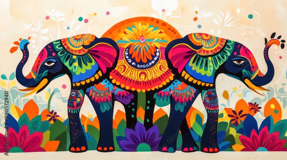 Obraz premium An Onam greeting with a vibrant, hand-drawn pookalam, elephants, and traditional Kerala boat races in a colorful and festive style.