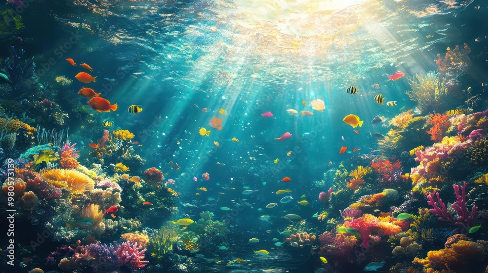 An underwater sea illustration, filled with colorful fish, coral reefs, and sunlight filtering through the water surface.