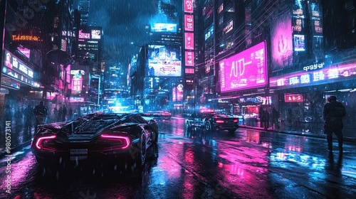 Futuristic Neon City Nightscape with Sleek Cars