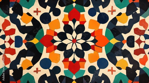 An Islamic motif with abstract patterns, incorporating bold shapes and colors into traditional geometric designs.