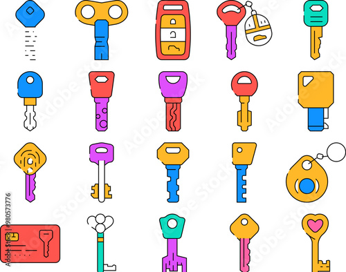 Key For Open And Close Padlock Icons Set Vector. Vintage And Modern Electronic Key With Fingerprint Scanner System, Car And House, Standard English And Ancient Style Color Illustrations