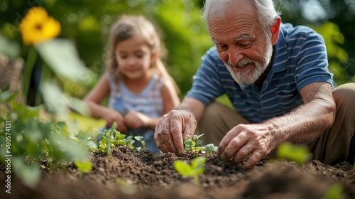Wallpaper Mural Senior man gardening with his grandchildren, hands planting seeds in rich soil, joyful family moment, bright and sunny day Torontodigital.ca