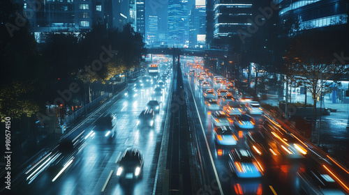 AI-powered smart city traffic system optimizing vehicle flow, featuring real-time data analysis and automated control. The advanced technology enhances urban mobility, reducing congestion and improvin photo