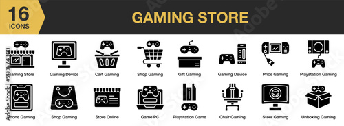 Gaming Store solid icon set. Includes cart, chair, game pc, device, and More. Solid icons vector collection.