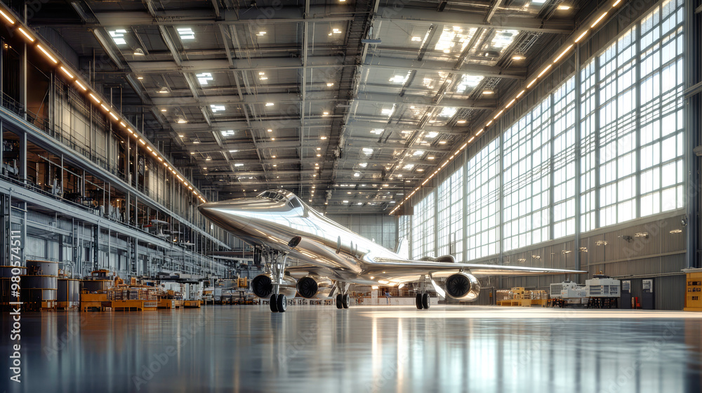 In a well-lit aerospace engineering facility, engineers and technicians work together, surrounded by advanced aircraft, focusing on design and craftsmanship In a well-lit aerospace engineering facility, engineers and technicians work together, surrounded by advanced aircraft, focusing on design and craftsmanship
