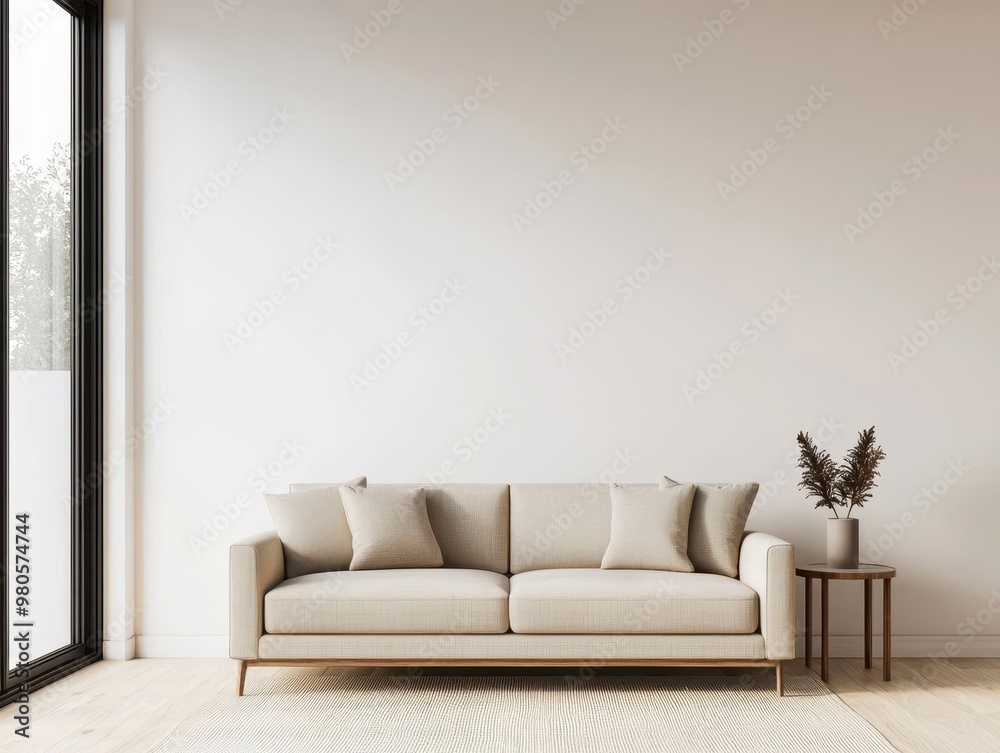 View of Spacious minimalist living room with a neutral-toned sofa, open layout ...