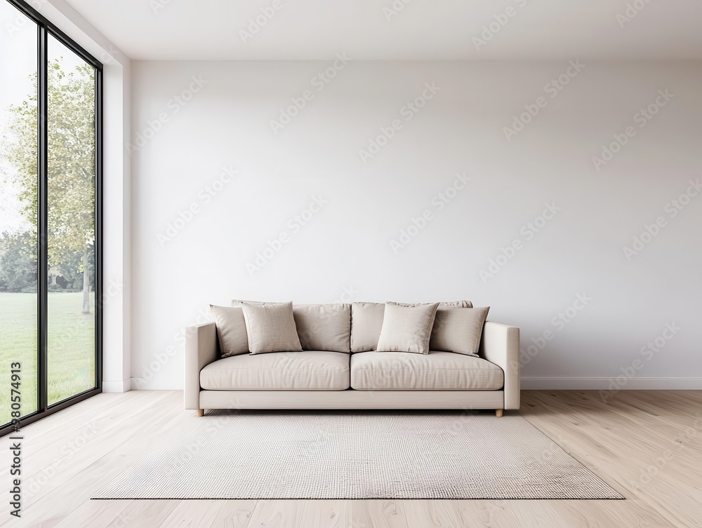 Picture of Spacious minimalist living room with a neutral-toned sofa, open layout ...