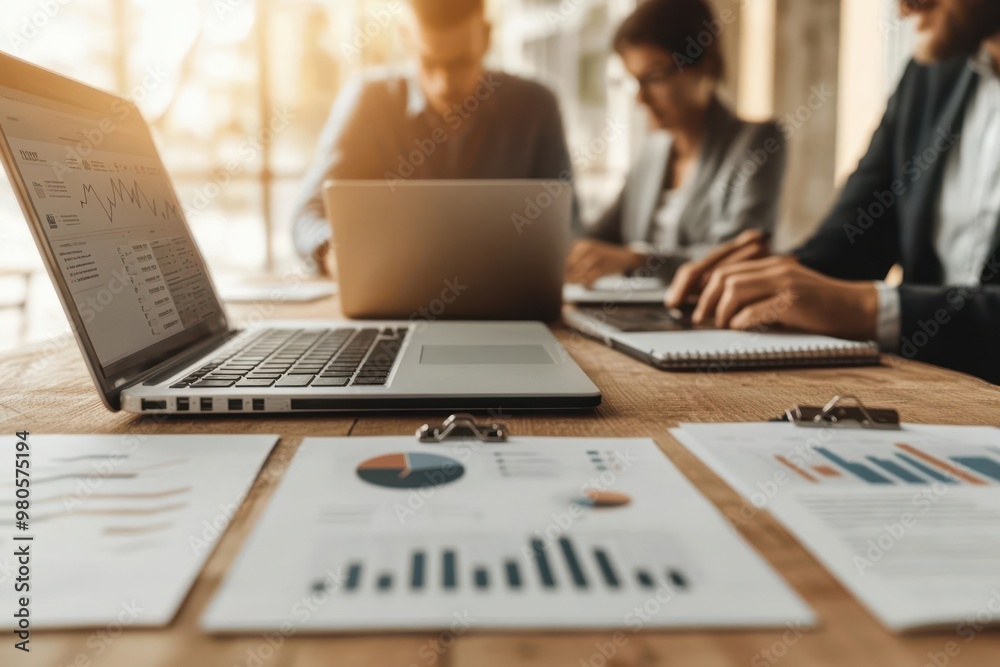 Group of professionals analyzing financial metrics for an eCommerce startup, laptops and printed documents in view Group of professionals analyzing financial metrics for an eCommerce startup, laptops and printed documents in view