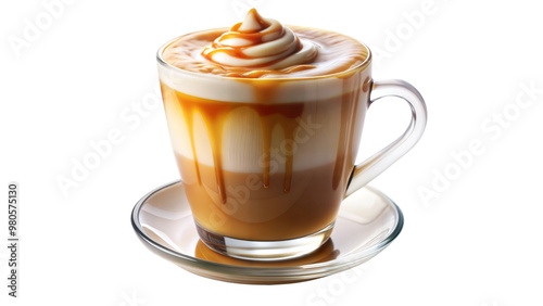 Hot Latte with Whipped Cream and Caramel Sauce, A Popular Coffee Drink in the Cafe, transparent background, caramel macchiato