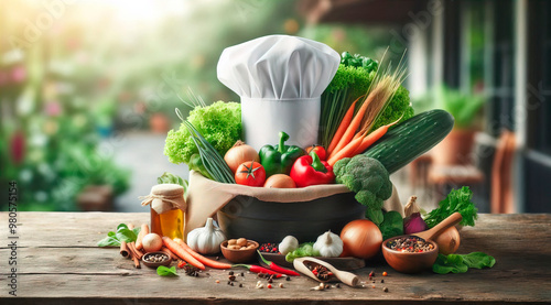 Chef's hat on a table with vegetables and copy space and a blurry background letting see an organic vegetable garden , healthy food and cooking concept image backdrop 