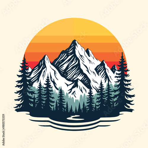 Vector illustration mountain landscape with pine trees and sun