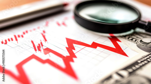 A red arrow signals financial decline as a dollar bill rests under a magnifying glass, revealing the gravity of the stock market's troubling trends