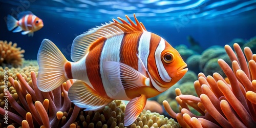 Swirling coral reef, orange and white striped fins, big eyes gazing ahead, long dangly fins trailing behind, peaceful aquatic scene photo