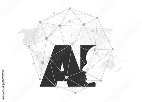 Black and White Machine Learning, Artificial Intelligence, Cloud Computing and Networks Banner Design Concept with World Map, Polygonal Globe and AI Label - Vector Template with Transparent Background