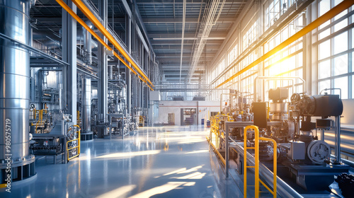 Bright sunlight streams through the factory windows, highlighting bustling workers in hard hats operating advanced machinery amidst a backdrop of pipes