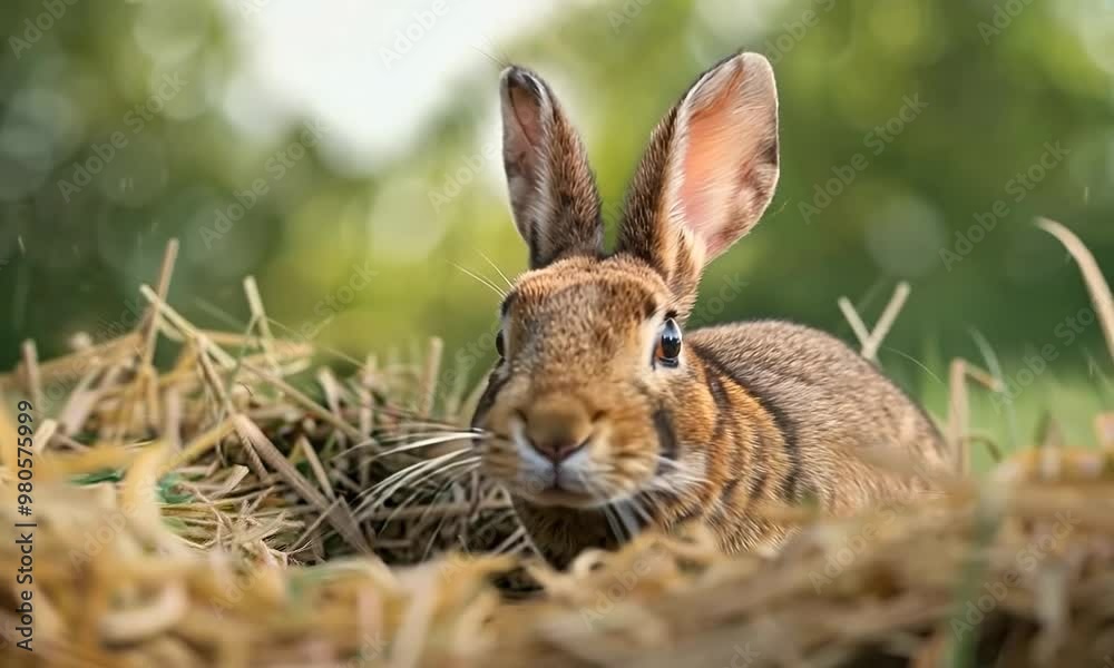 Curious rabbit investigating a pile of hay, Video Curious rabbit investigating a pile of hay, Video