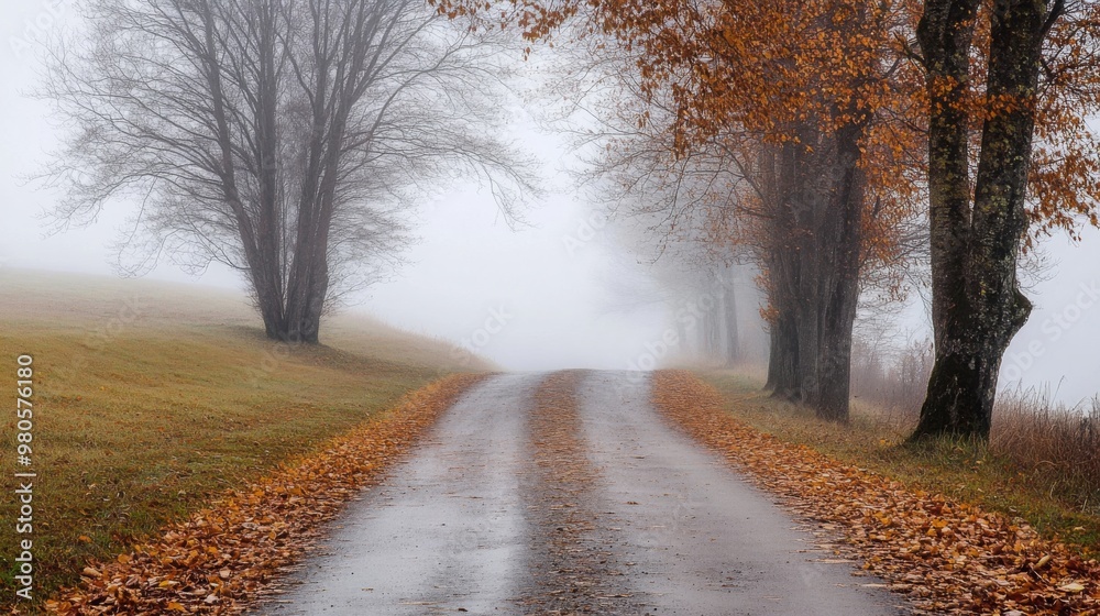 Obraz premium A quiet road disappears into the fog, lined with bare trees showcasing autumn colors