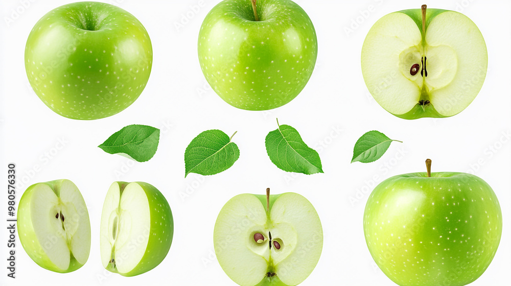 Fresh green apples displayed whole and cut, showcasing inner texture and freshness Fresh green apples displayed whole and cut, showcasing inner texture and freshness