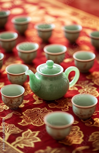 An elegant Chinese tea set with a jade teapot and cups arranged on a traditional red and gold patterned tablecloth