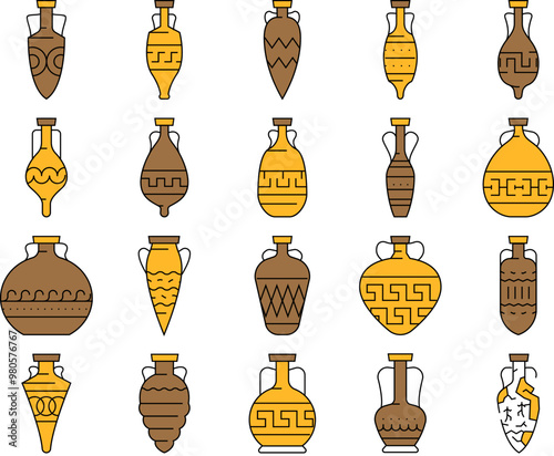 Amphora Antique Earthenware Jar Icons Set Vector. Greek Traditional Medieval Pottery And Ceramic Jar, Elegant Style And Cracked. Container For Water And Alcoholic Drink color Contour Illustrations