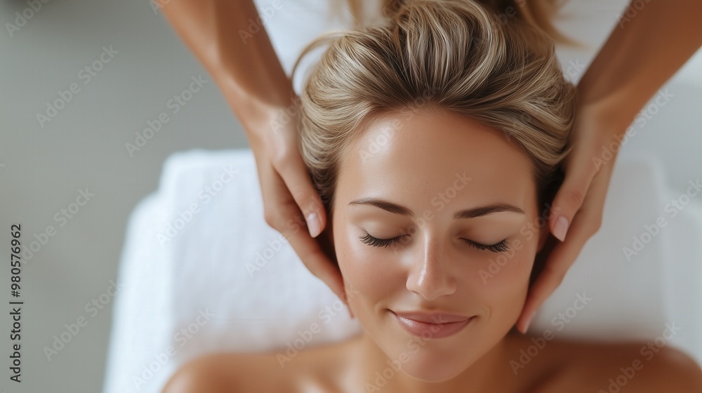 Serene spa experience: woman receiving relaxing head massage for wellness and rejuvenation Serene spa experience: woman receiving relaxing head massage for wellness and rejuvenation