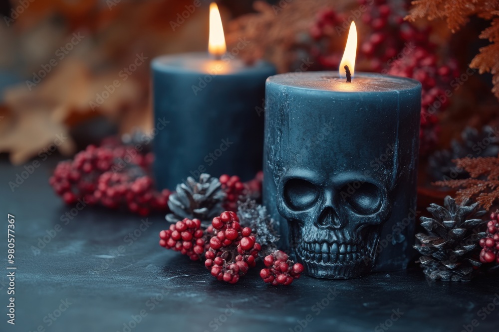 Skull with autumn leaves, pumpkins and candles. Autumn banner. free copy space. Skull with autumn leaves, pumpkins and candles. Autumn banner. free copy space.