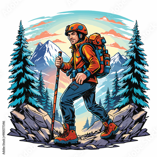 Vector illustration a man with a backpack and hiking poles is walking through the mountains