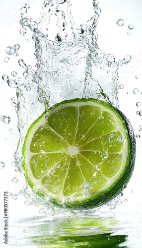 A fresh lime slice splashes into crystal clear water, creating dynamic droplets and an invigorating visual experience.