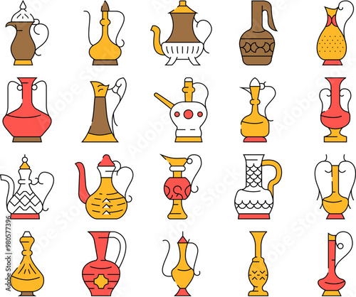 Arabic Jug Traditional Container Icons Set Vector. Arabic Jug For Boiling Arabian Tea, Coffee Or Water. Antique Pottery Earthenware For Storage And Carrying Beverage color Contour Illustrations