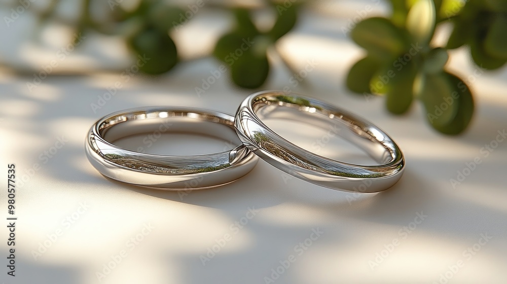 Two elegant silver wedding rings on a softly lit surface. Two elegant silver wedding rings on a softly lit surface.