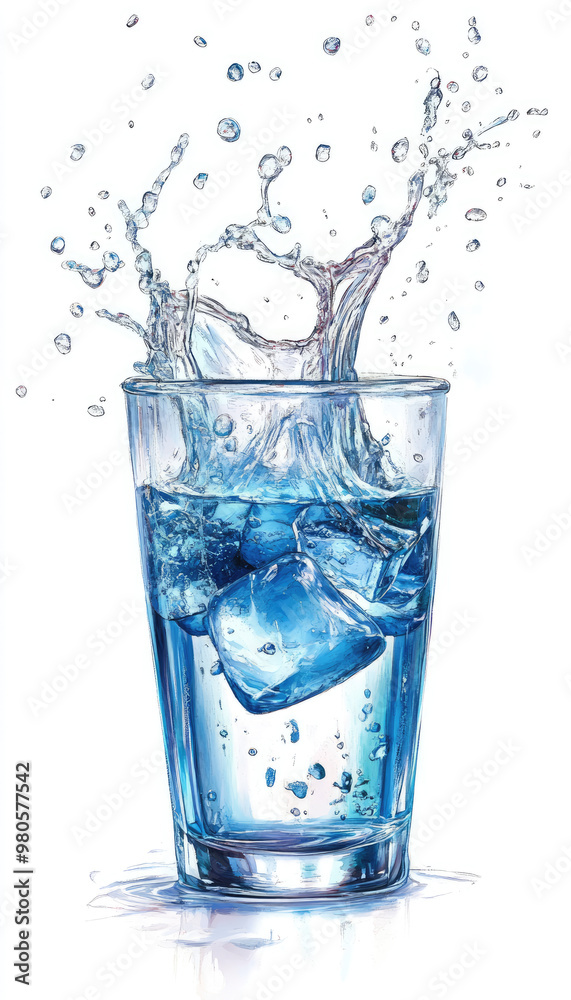 A refreshing splash of water in a glass, showcasing cool ice cubes and droplets, perfect for hydration themes. A refreshing splash of water in a glass, showcasing cool ice cubes and droplets, perfect for hydration themes.