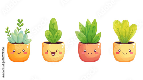 Four cute potted plants with happy faces. The plants are drawn in a cartoon style and have different types of leaves.