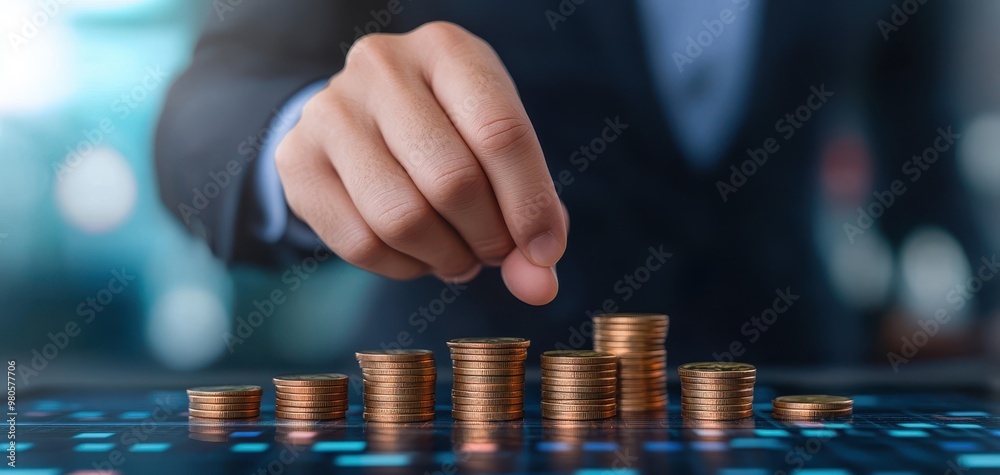 A close-up of a hand stacking coins on a digital surface, symbolizing investment, finance, and wealth management concepts. A close-up of a hand stacking coins on a digital surface, symbolizing investment, finance, and wealth management concepts.