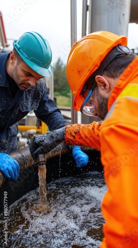 Sludge treatment process: workers monitoring dewatering equipment for efficient waste management photo