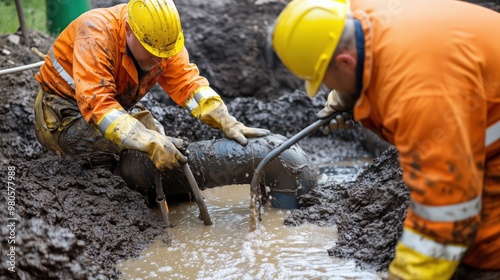 Sludge treatment workers monitoring dewatering process in muddy environment for environmental conservation