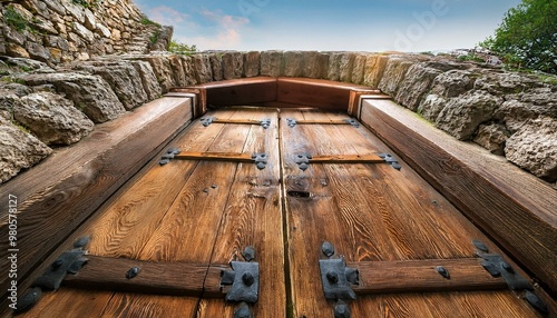 A large wooden door swings open within the rock castle wall.