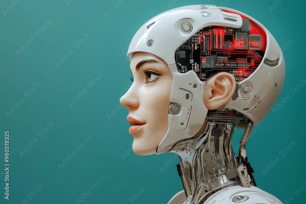 Profile of a female humanoid robot with a transparent skull showing exposed brain components symbolizing advanced AI and cognitive development in robotics Profile of a female humanoid robot with a transparent skull showing exposed brain components symbolizing advanced AI and cognitive development in robotics
