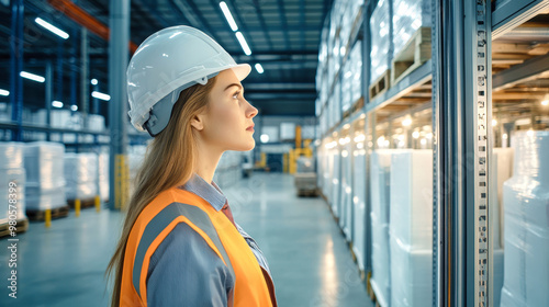 The engineer, wearing a vest and helmet, examines the temperature control display while standing before organized shelves of power containers