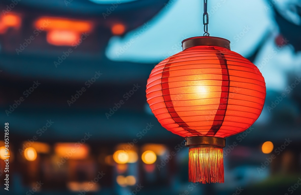 Obraz premium A glowing red Chinese hanging lantern in sharp focus, with a blurred temple backdrop