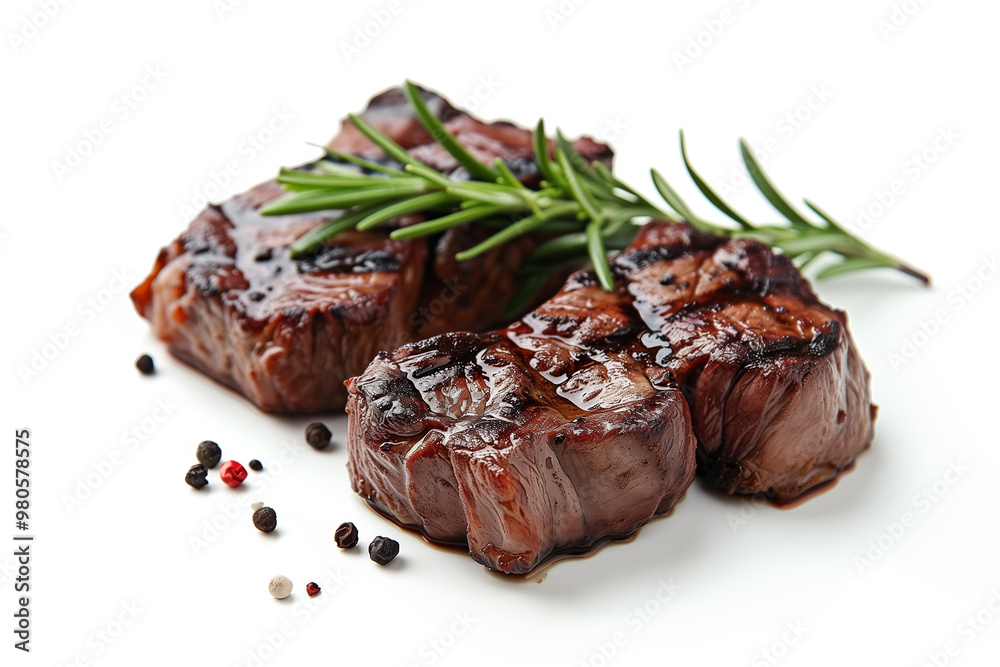 A juicy, grilled steak with rosemary on a wooden cutting board. A juicy, grilled steak with rosemary on a wooden cutting board.