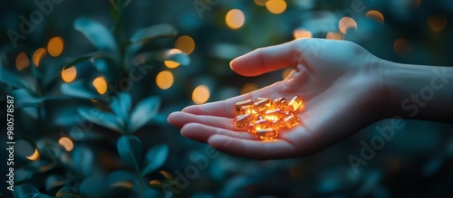 Hand holding glowing capsules against a bokeh backdrop with leaves. Illuminated capsules in open hand, soft focus, nature setting at dusk. photo